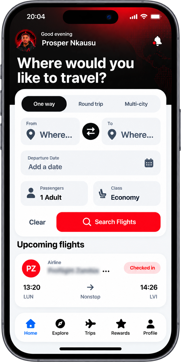 The AirConnect app home screen, showing the flight search form and an upcoming trip from Lusaka to Livingstone.